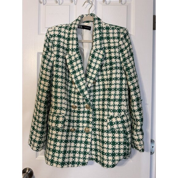 Zara Green Tweed Oversized Double Breasted Blazer Jacket Blogger’s Fave L Large - Picture 14 of 16